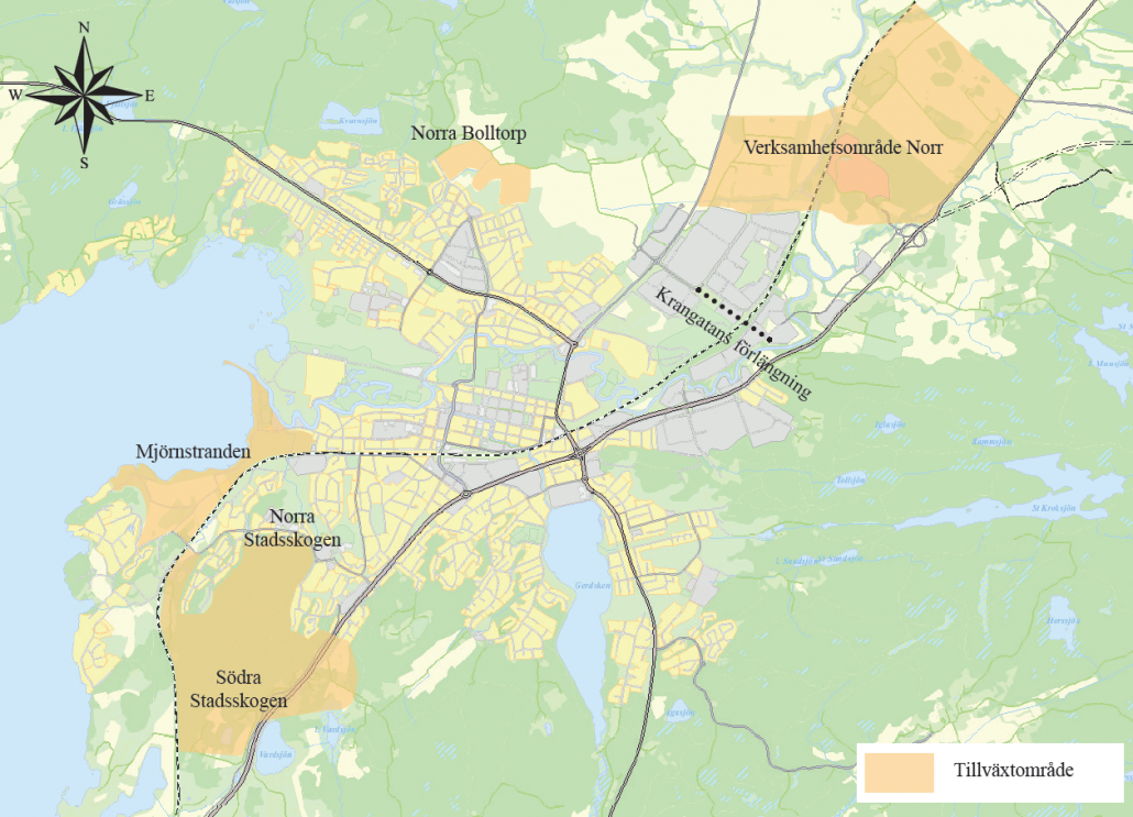 Karta över Alingsås tillväxtområden: Mjörnstranden, Norra Stadsskogen, Södra Stadsskogen, Verksamhetsområde Norr.