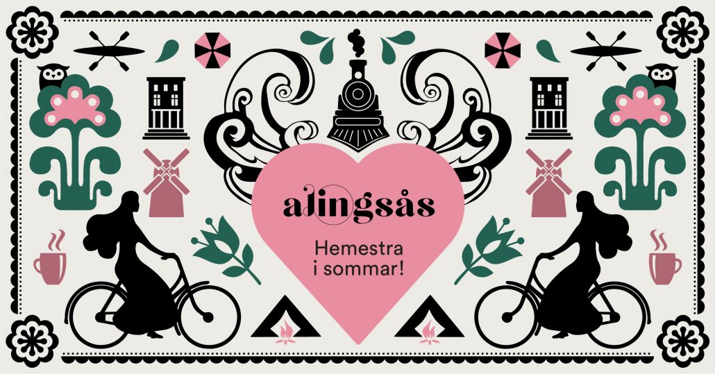 En illustration med texten "Alingsås. Hemestra i sommar".