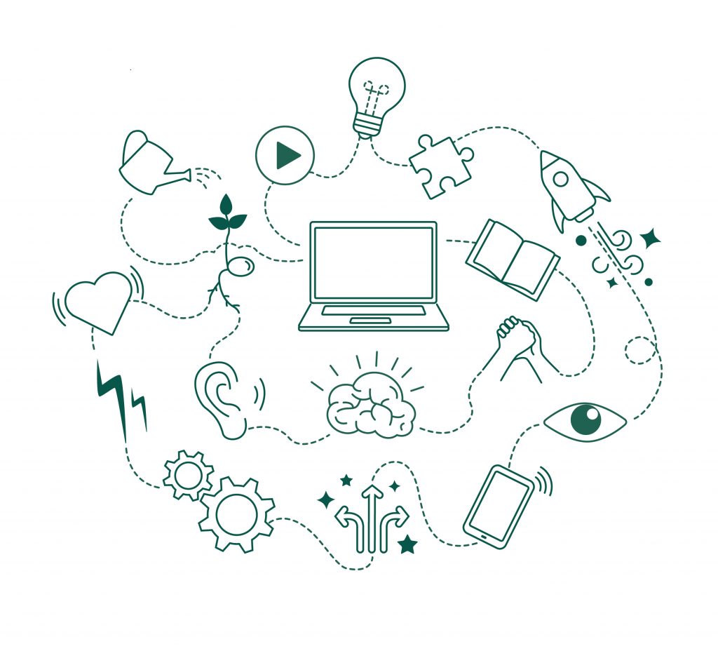 Illustration med en laptop i mitten och flera olika objekt som länkar till den, som en symbol för e-tjänster.