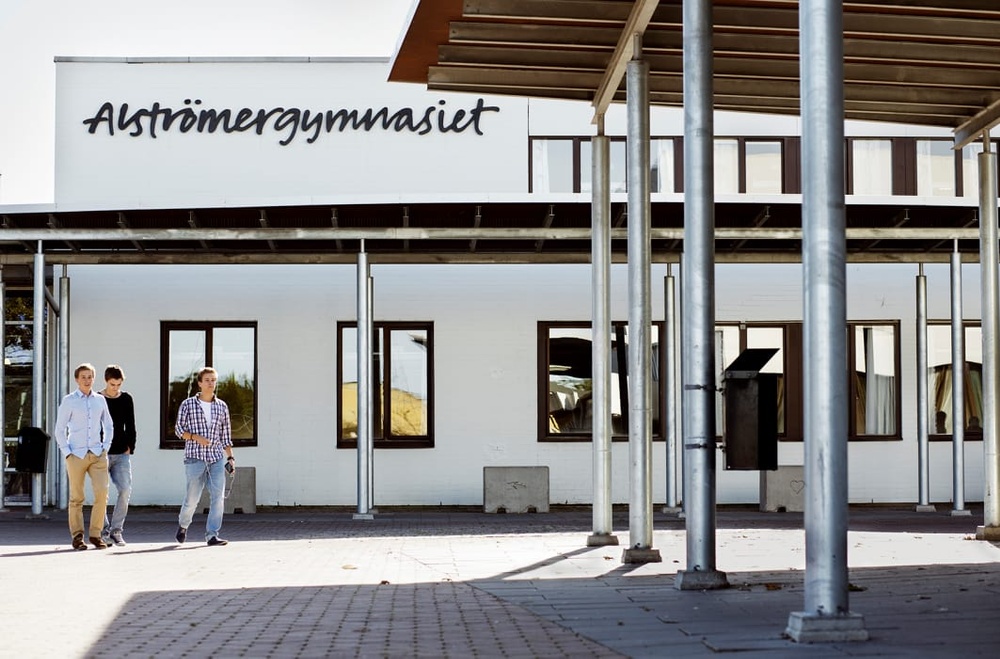 Tre ungdomar i samspråk framför entrén till Alströmergymnasiet.