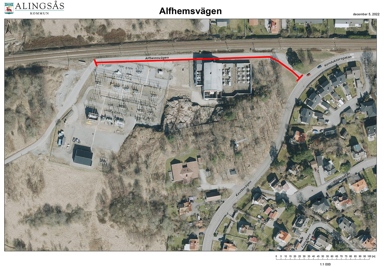 Kartbild över den stängda delen av Alfhemsvägen.