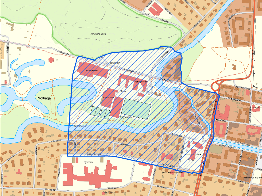 Kartbild med det markerade området vid Nolhaga markerat.