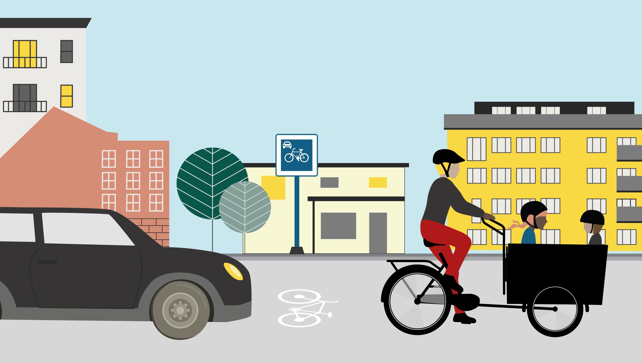 Illustration där en cykel cyklar framför en bil.