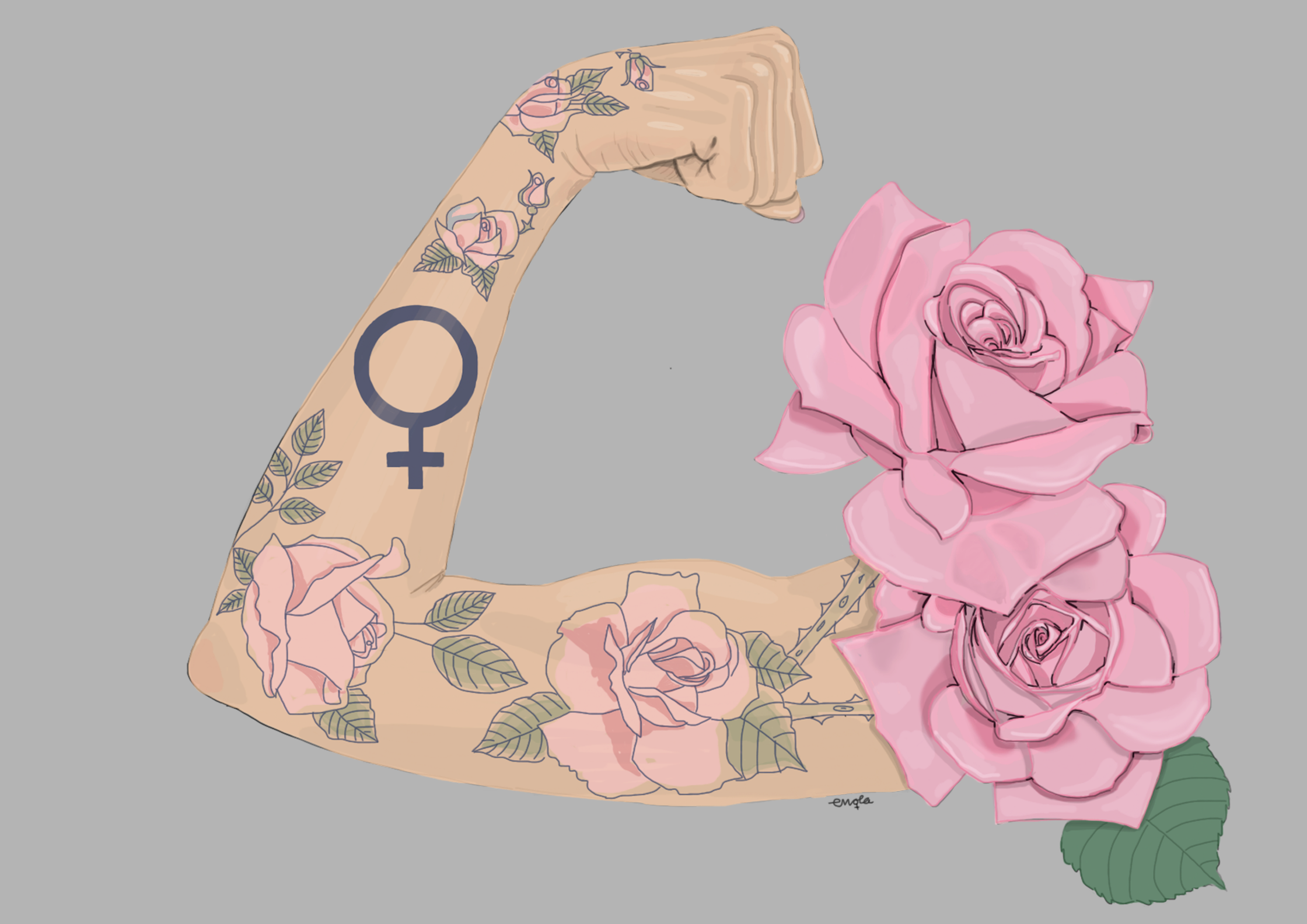 Arm med tatueringar ihop med två rosa rosor.