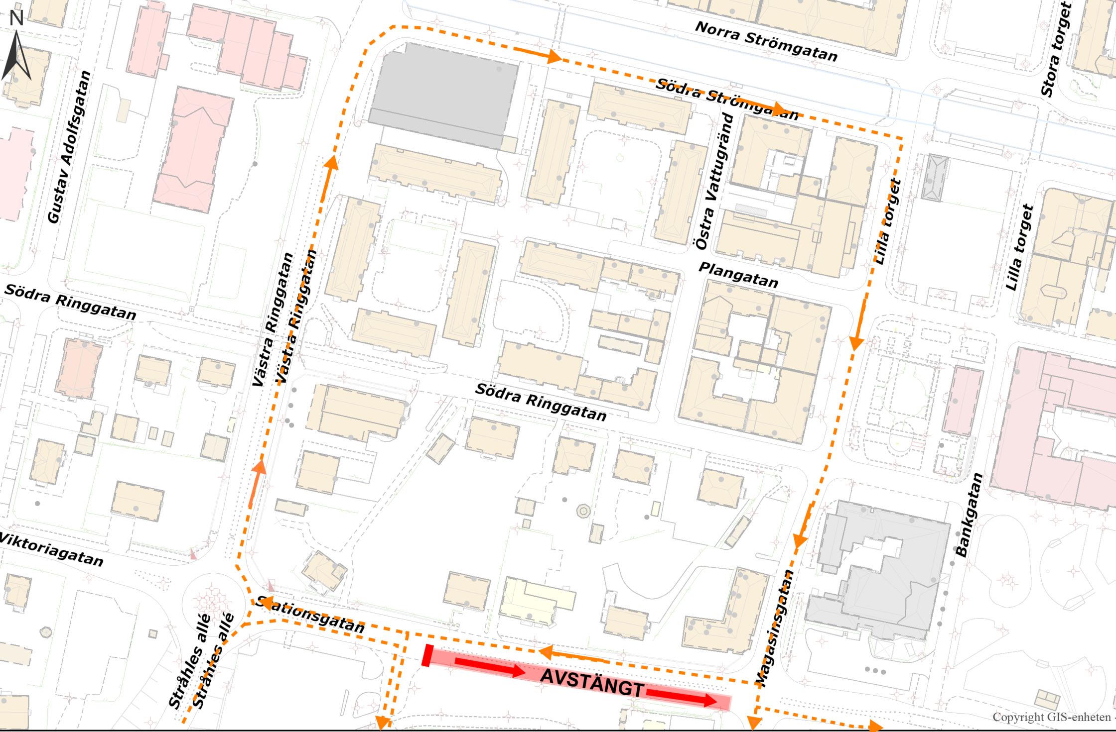 Karta med den avstängda delen av Stationnsgatan markerad.